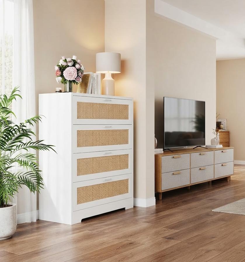 Patikuin Rattan 4-Drawer Tall Dresser, White in a furnished room