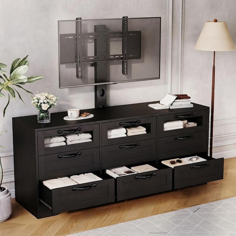 Black nine-drawer console with a large screen on the adjustable mount arm