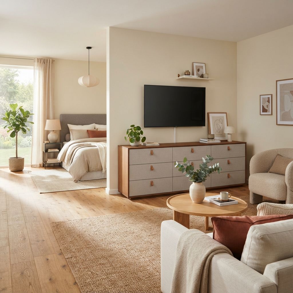 Patikuin fabric-drawer dresser TV stand under a large screen in a warm bedroom